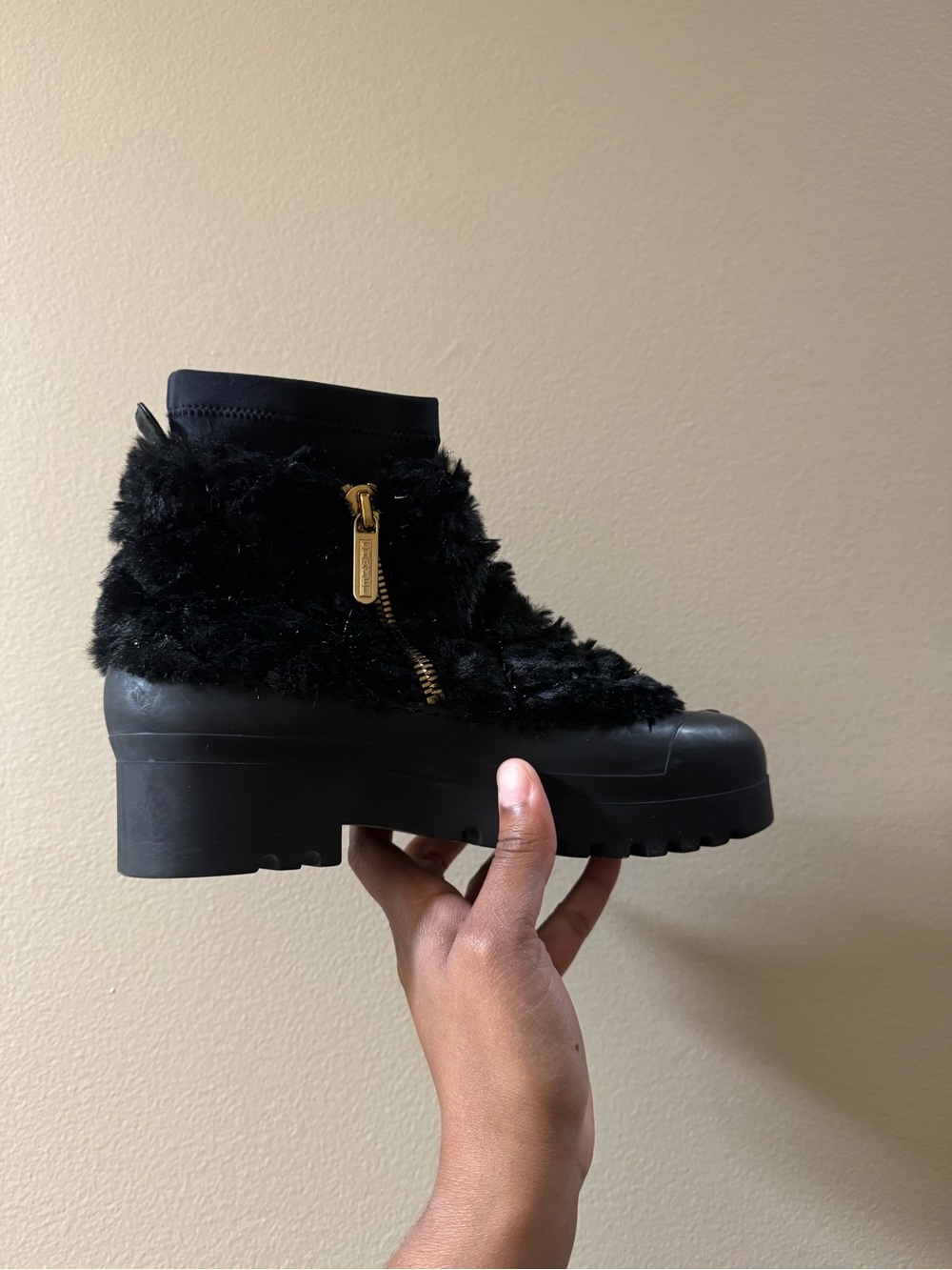 CHANEL Black Faux Fur Platform Ankle Boot with Gold Zip Accent